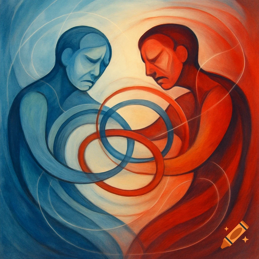 Two stylized figures, blue and red, lean sadly, intertwined by rings, against a swirling split background.