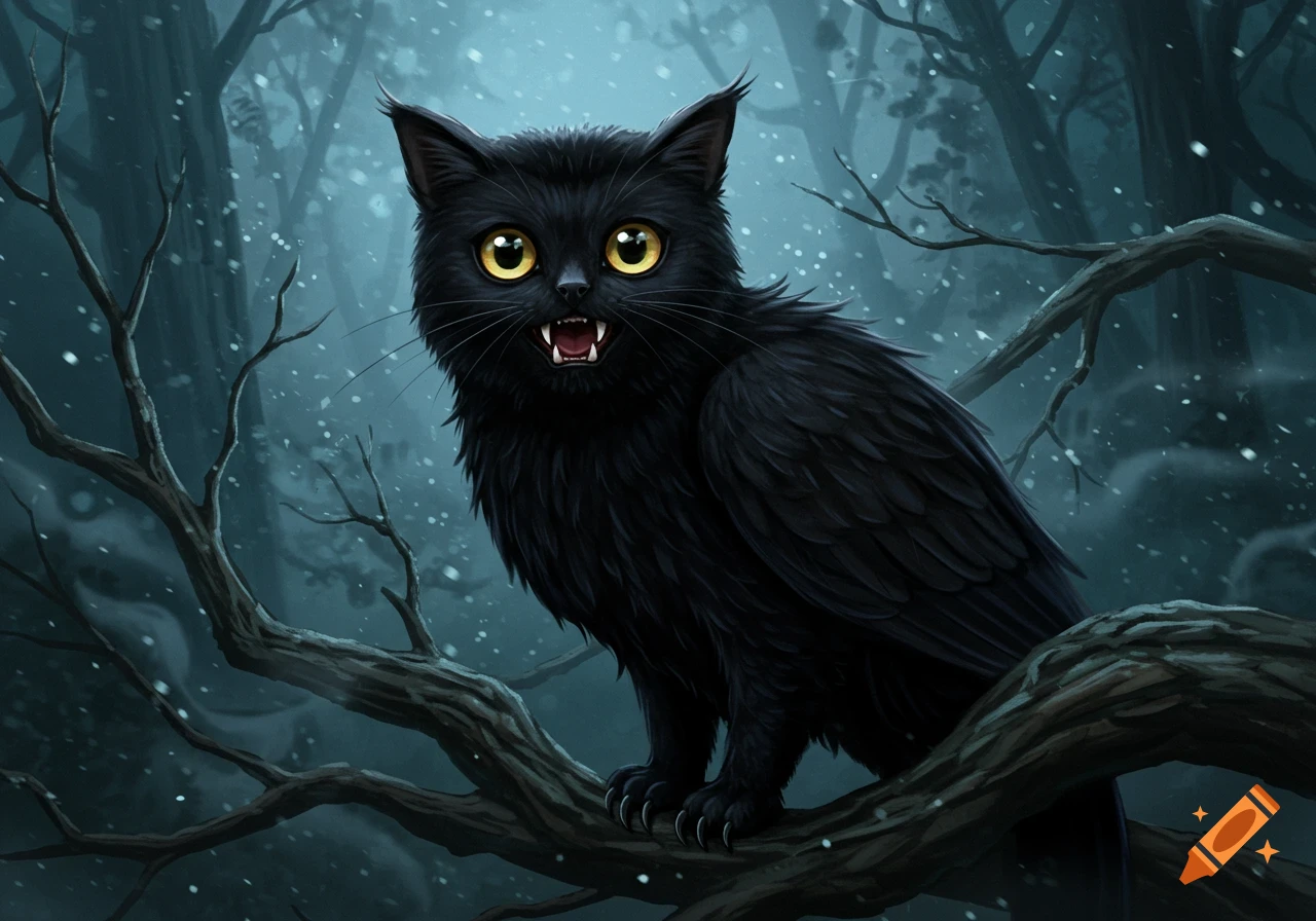 A black owl-cat with fangs and yellow eyes perches on a snowy branch in a dark, mystical forest.