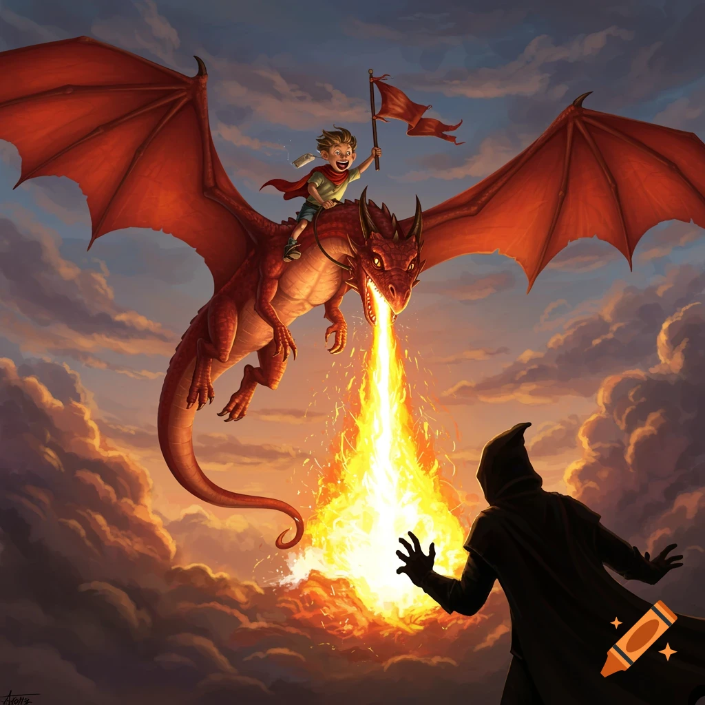 A boy on a red dragon breathes fire at a hooded villain in the clouds.