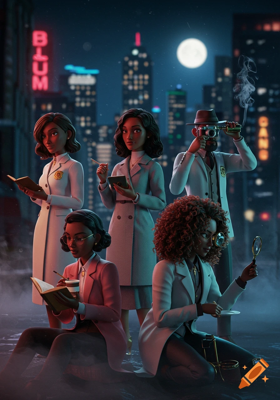 Five diverse 3D animated detectives on a rainy city street at night in film noir style, holding various tools.