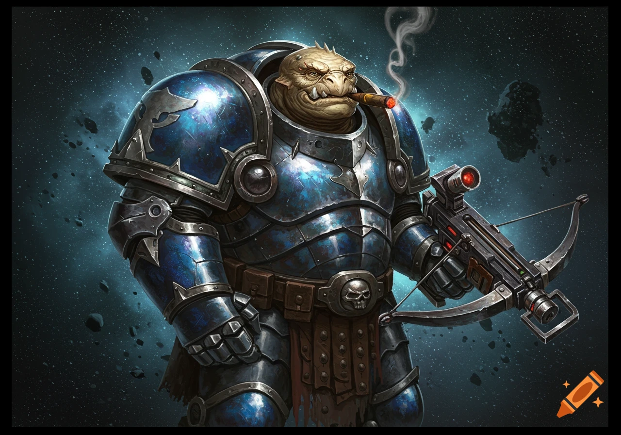 A heavily armored reptilian alien creature smoking a cigar and holding a crossbow in a starry space background.