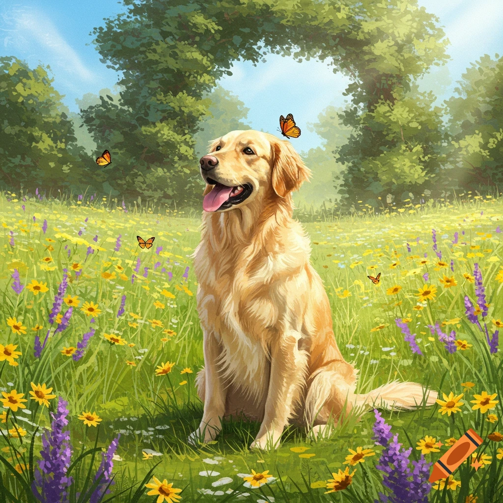 A golden retriever dog sits happily in a sunlit field of yellow and purple wildflowers with butterflies.
