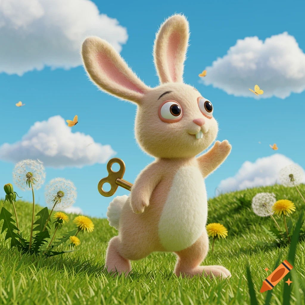 A cartoon rabbit with a wind-up key on its back stands in a sunny grassy field with dandelions and butterflies.