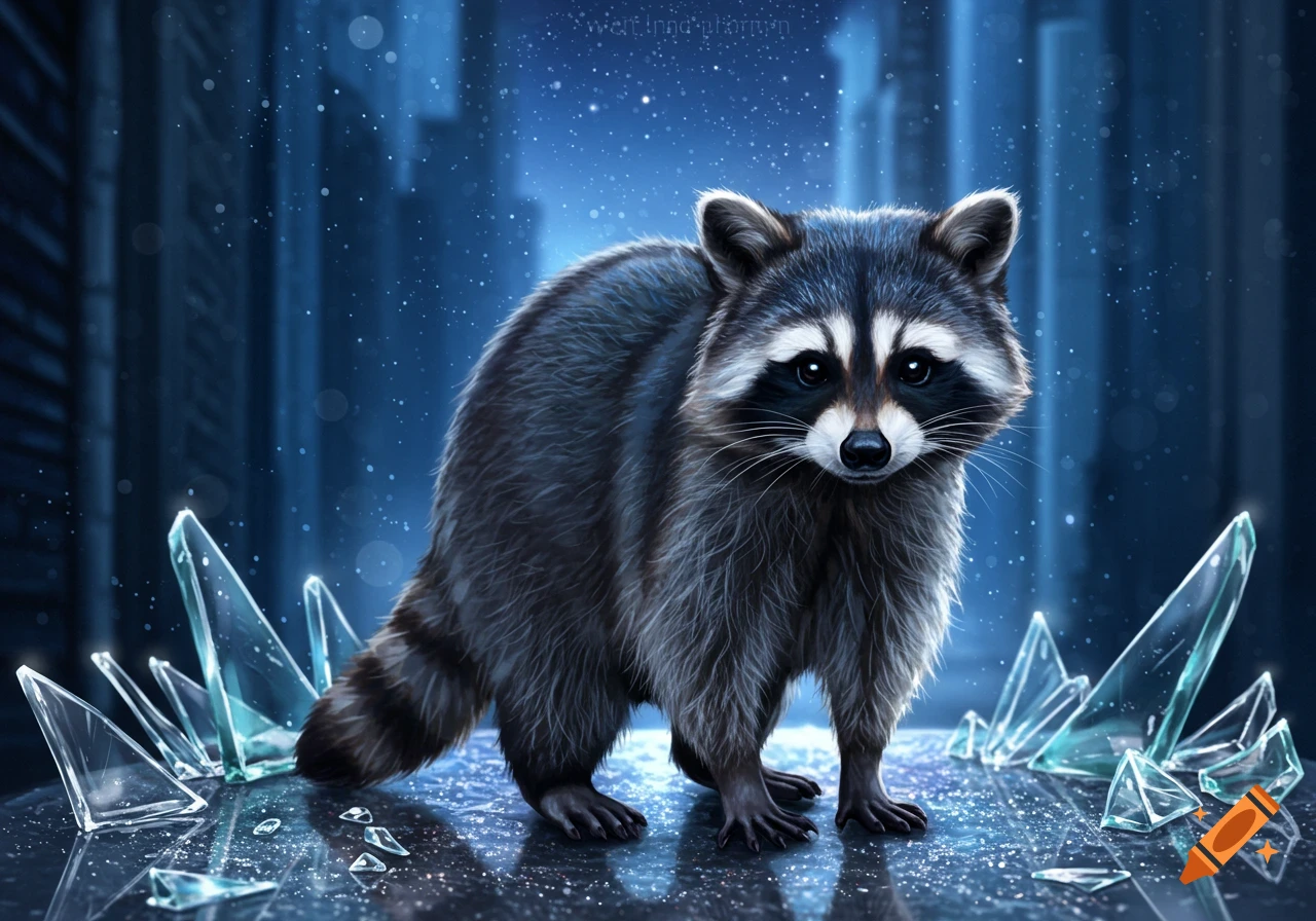 A realistic digital art illustration of a raccoon on an icy surface with broken glass shards, a blurred blue city skyline, and falling snow.