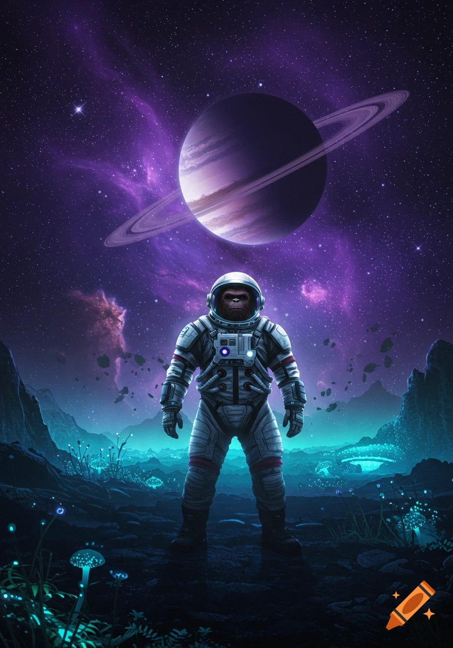 A chimpanzee in a spacesuit stands on an alien planet with glowing plants, looking up at a ringed planet in a purple nebula.
