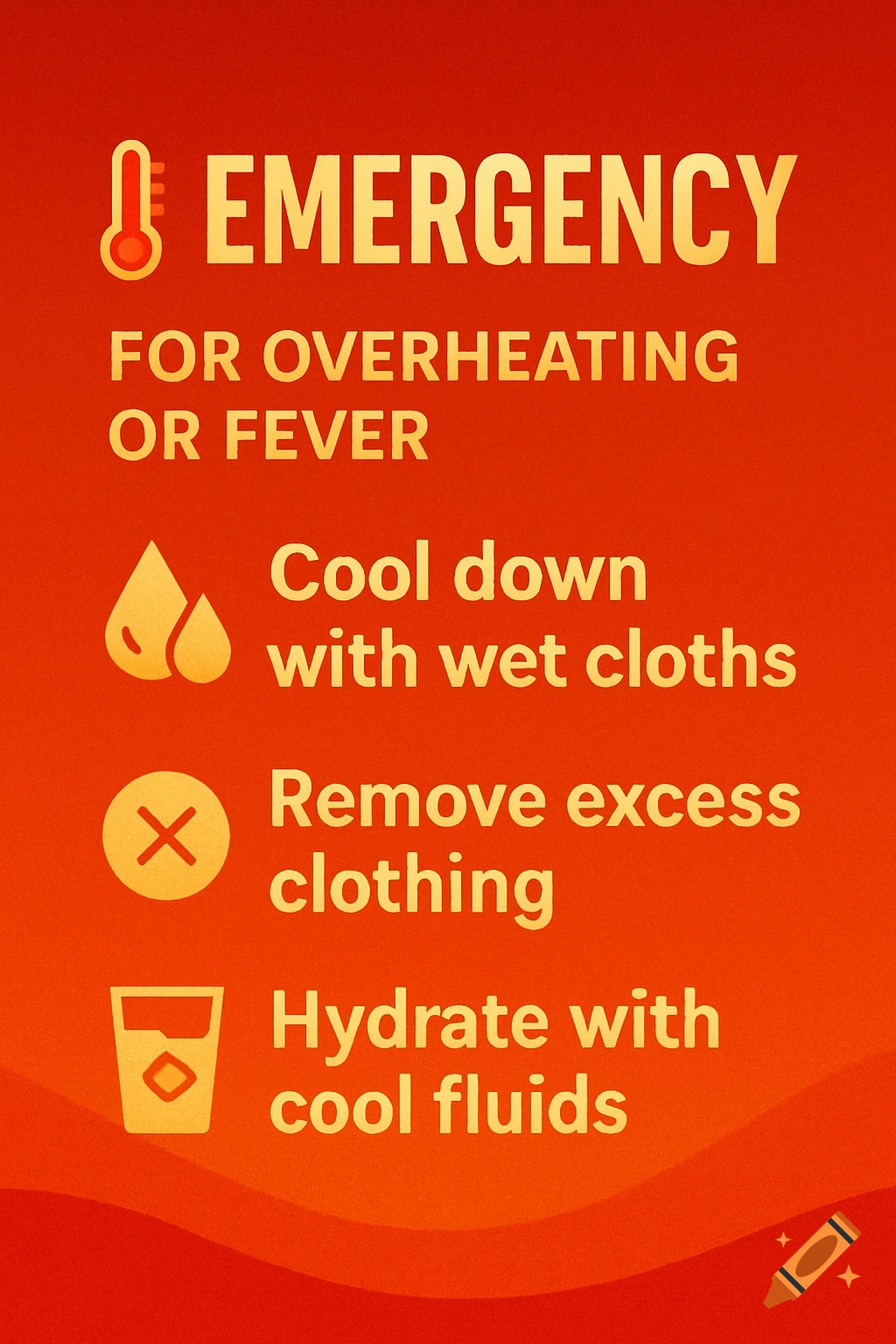 A red and orange emergency guide for overheating or fever, with text and icons outlining steps to take, including cooling down, removing clothing, and hydrating.