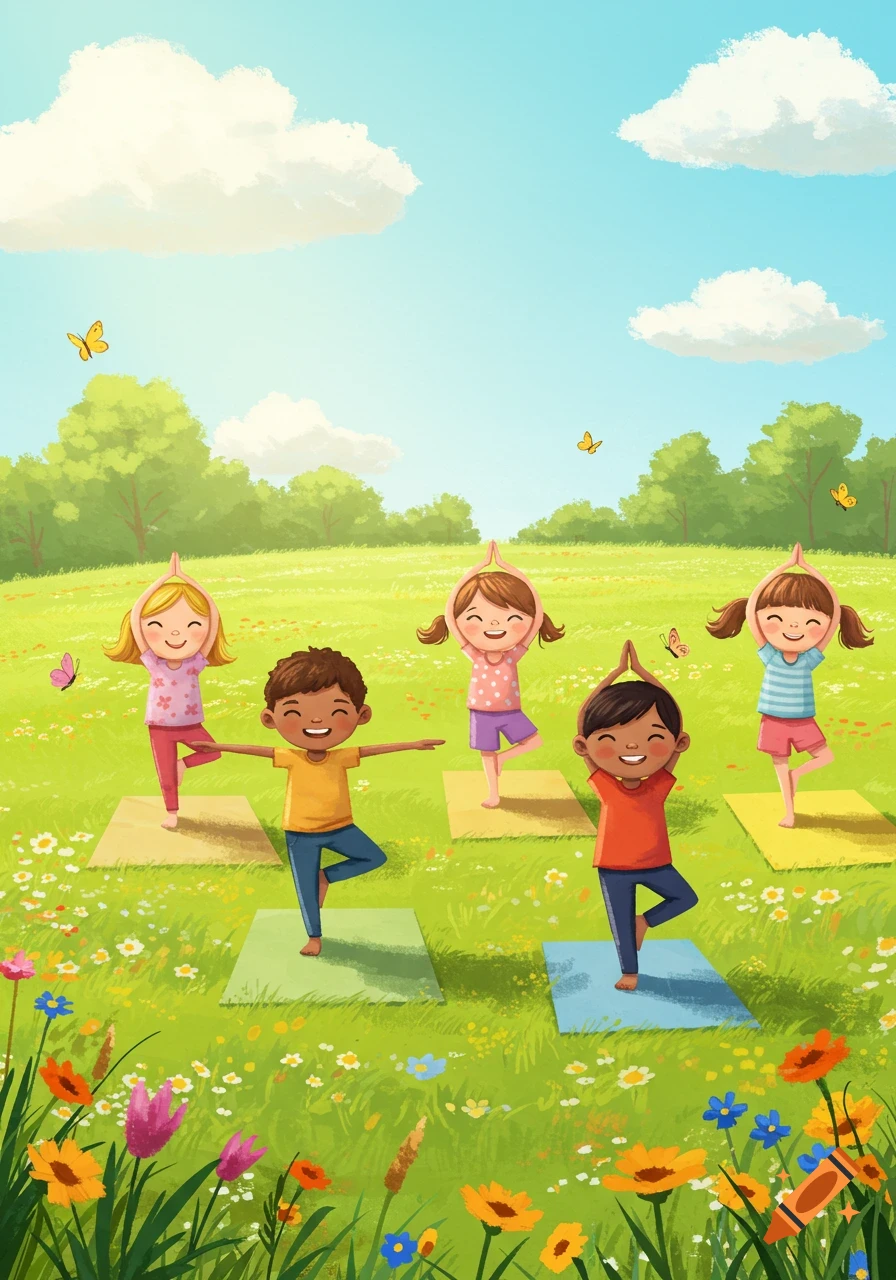 Five diverse cartoon children doing yoga poses on mats in a sunny green field with flowers and butterflies.