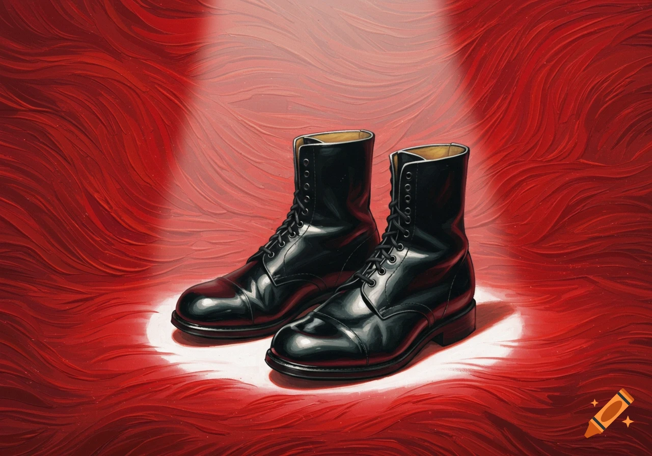 Two polished black boots under a white spotlight on a red, Van Gogh-style wavy background.