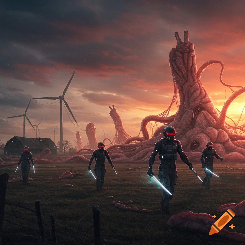 Four armored figures with glowing swords walk across a grassy field at sunset, past windmills and a barn, towards large, grotesque meat-like structures spreading across the landscape.