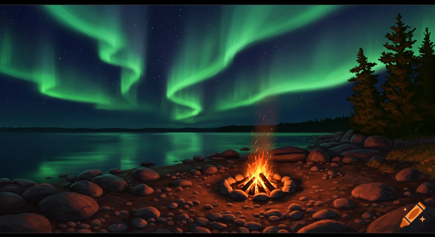 A campfire on a rocky lake shore under a night sky illuminated by vibrant green northern lights and distant trees.