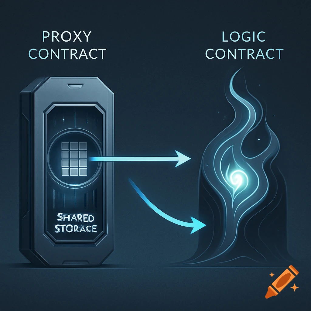 A conceptual diagram showing a proxy contract and a logic contract, with arrows indicating data flow to and from shared storage.