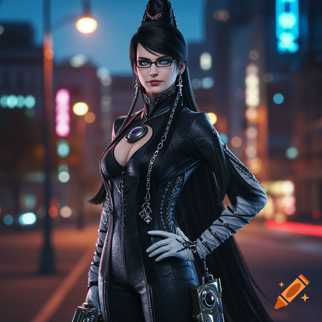 Photorealistic portrait of Bayonetta in a black leather outfit and glasses, standing on a city street at night.