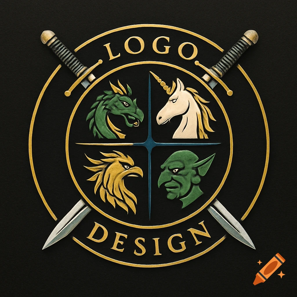 A circular, gold and black logo with two crossed swords and four quadrants featuring a green dragon, white unicorn, golden eagle, and green goblin head. 'LOGO DESIGN' text.