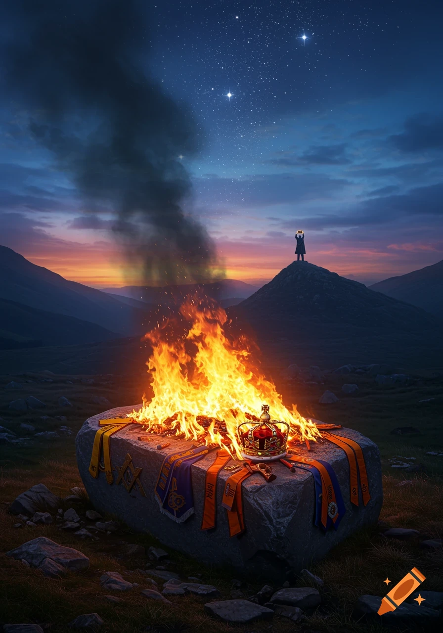 An evening landscape with a large fire on a stone in the foreground, adorned with various sashes and a crown. A figure stands on a distant mountain peak under a starry sky.