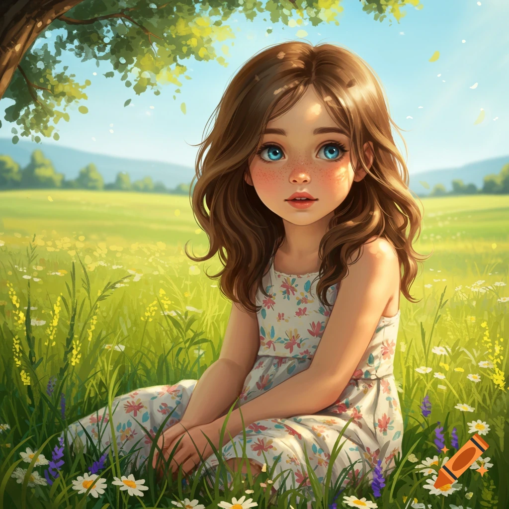 A digital painting of a cute young girl with brown hair and blue eyes sitting in a sunny field of wildflowers.