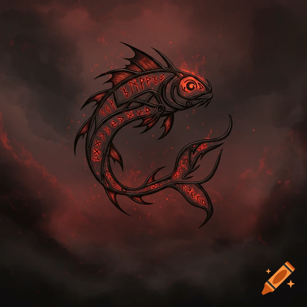 A stylized dark fish with red glowing ancient sigils on its body, set against a smoky red and black background with glowing embers.