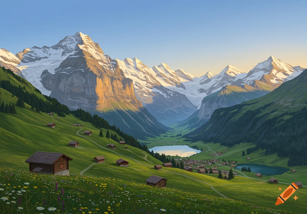A scenic view of a lush green valley with scattered wooden houses, a calm lake, and towering snow-capped mountains under a clear sky.