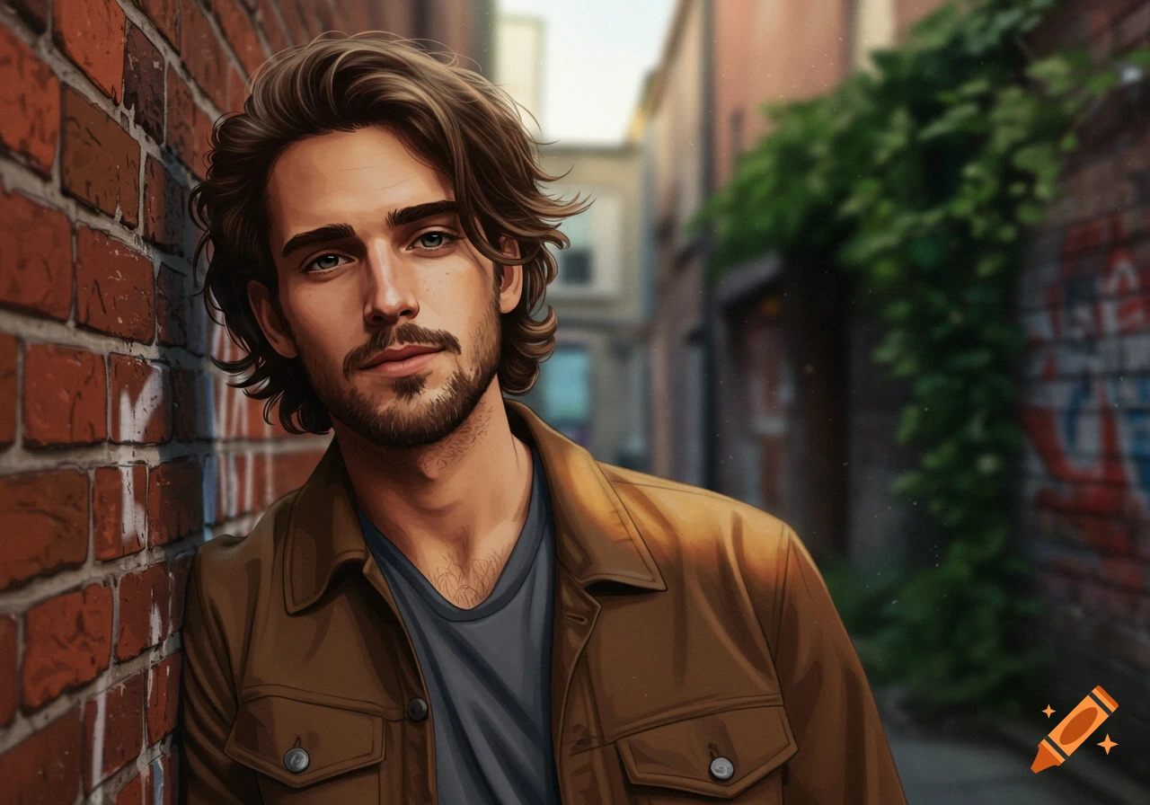 An illustrated portrait of a man with brown hair and a scruffy beard leaning against a brick wall in an urban alley.