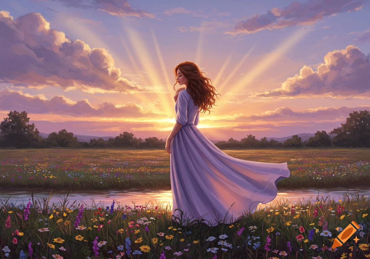 A woman with flowing hair in a long dress stands in a vibrant wildflower field at sunset, with golden light rays behind her.