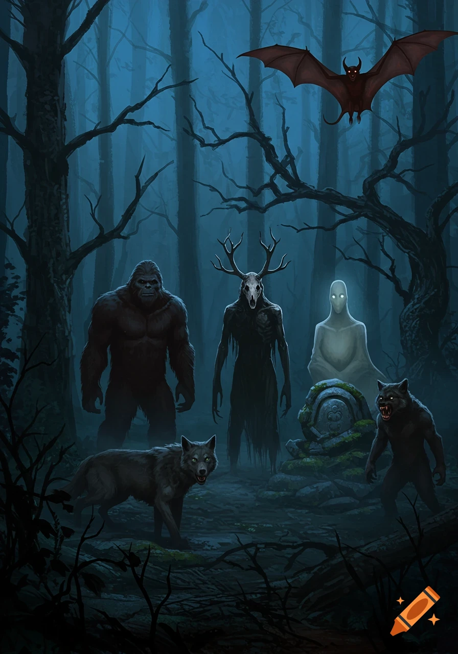 Bigfoot, a Wendigo, a ghost, a werewolf, and a wolf stand in a dark, mystical forest, with a red bat-like creature flying above.
