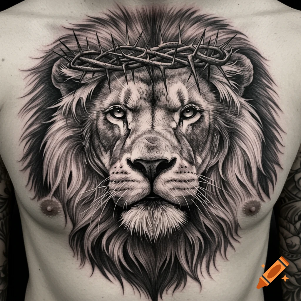 Black and white chest tattoo of a majestic lion wearing a crown of thorns.