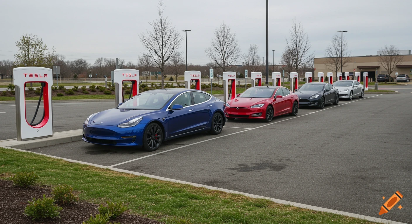 Several Tesla cars in various colors, including blue, red, and black, parked at white Tesla Superchargers in a parking lot.