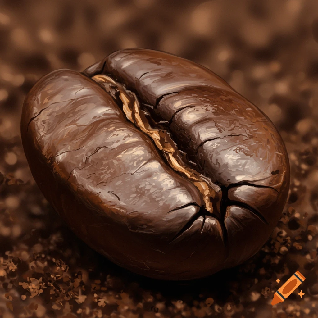A single dark roasted coffee bean rests on a blurred bed of coffee grounds.