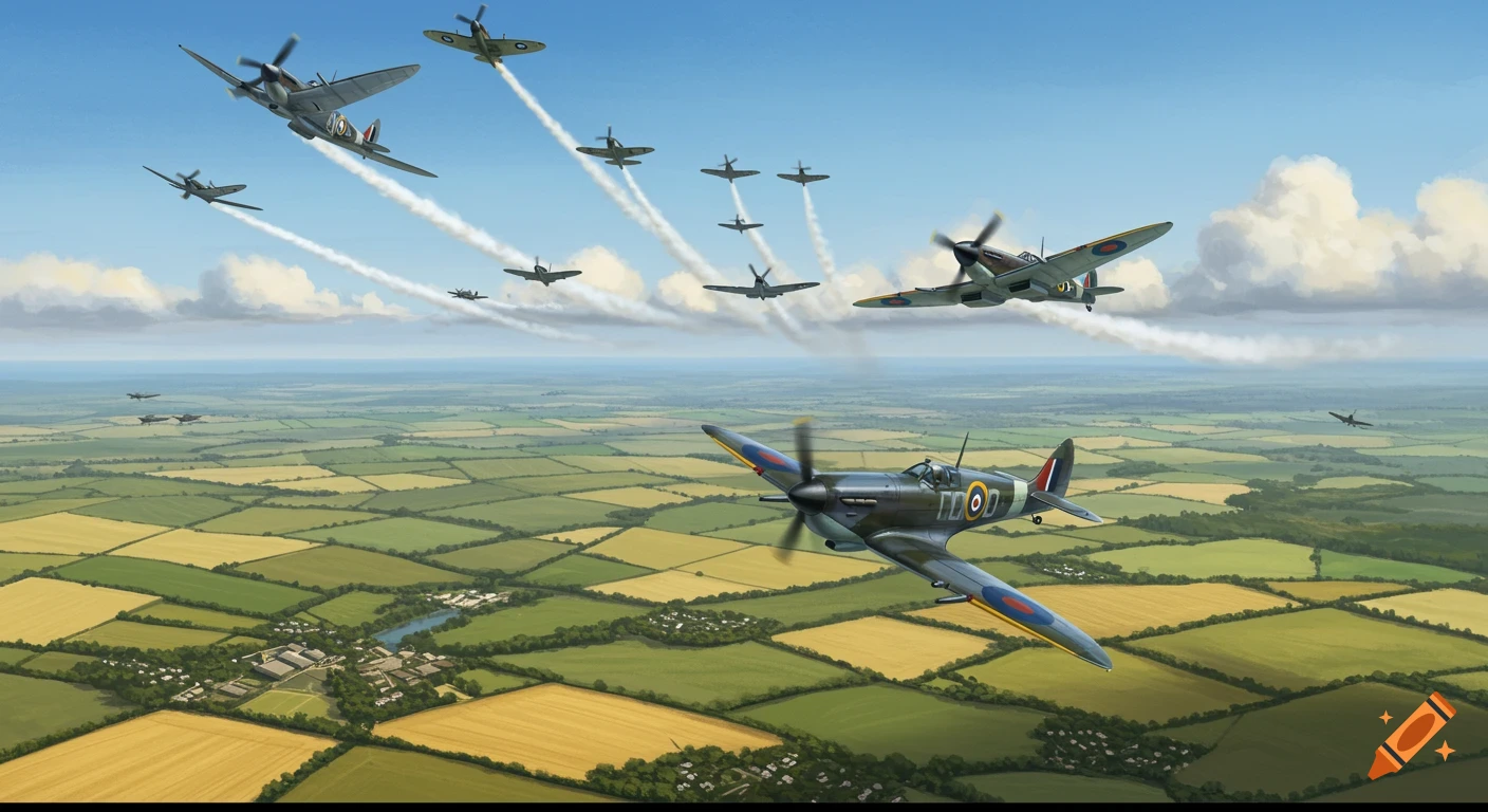Illustration of World War II-era airplanes flying in formation over green and yellow farmlands under a blue sky.