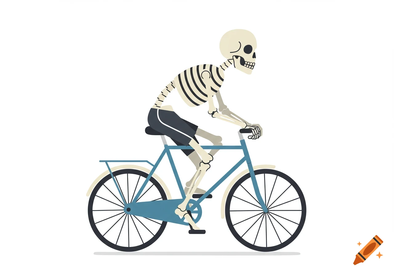A vector illustration of a skeleton riding a blue bicycle.
