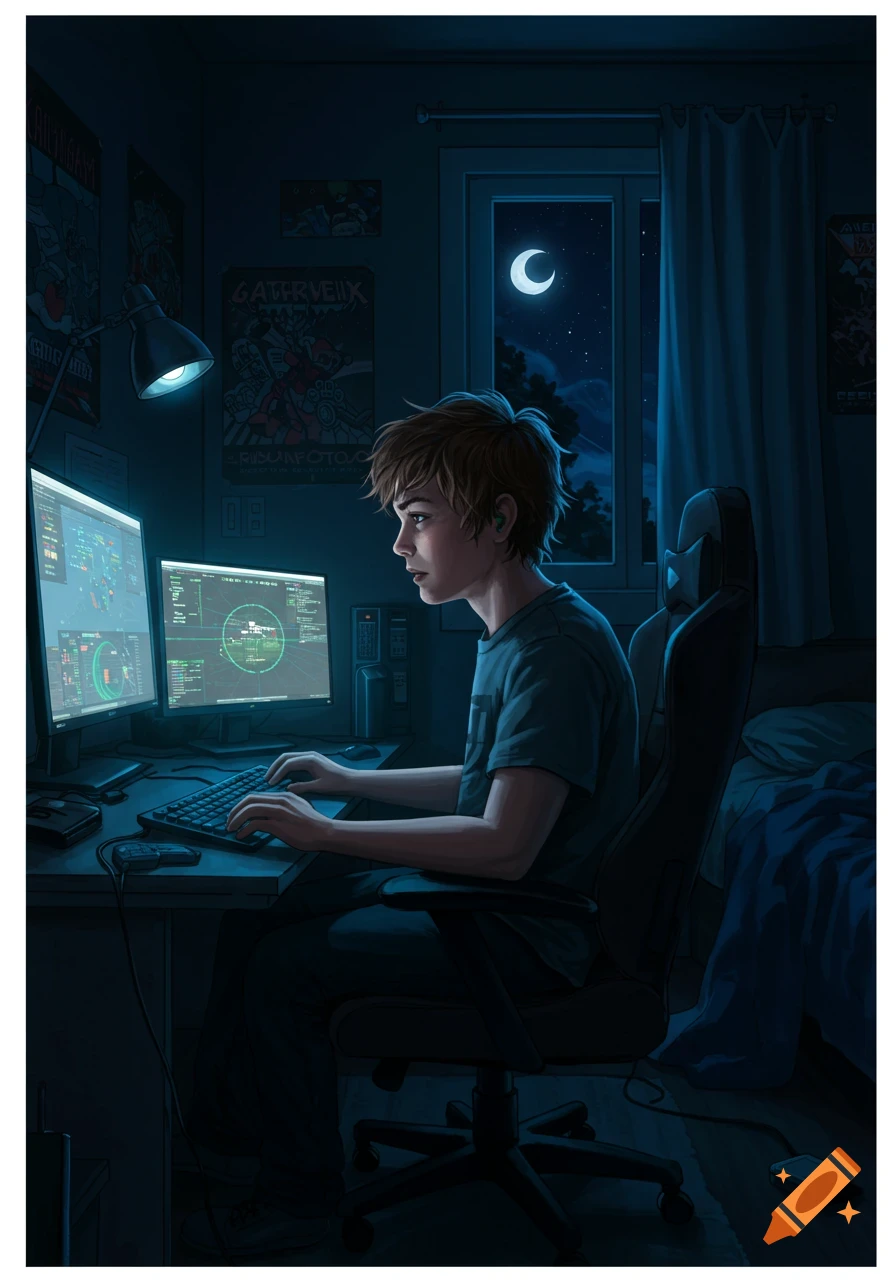 A teenage boy sits at a desk in a dark room, illuminated by dual computer monitors, with a crescent moon visible outside a window.