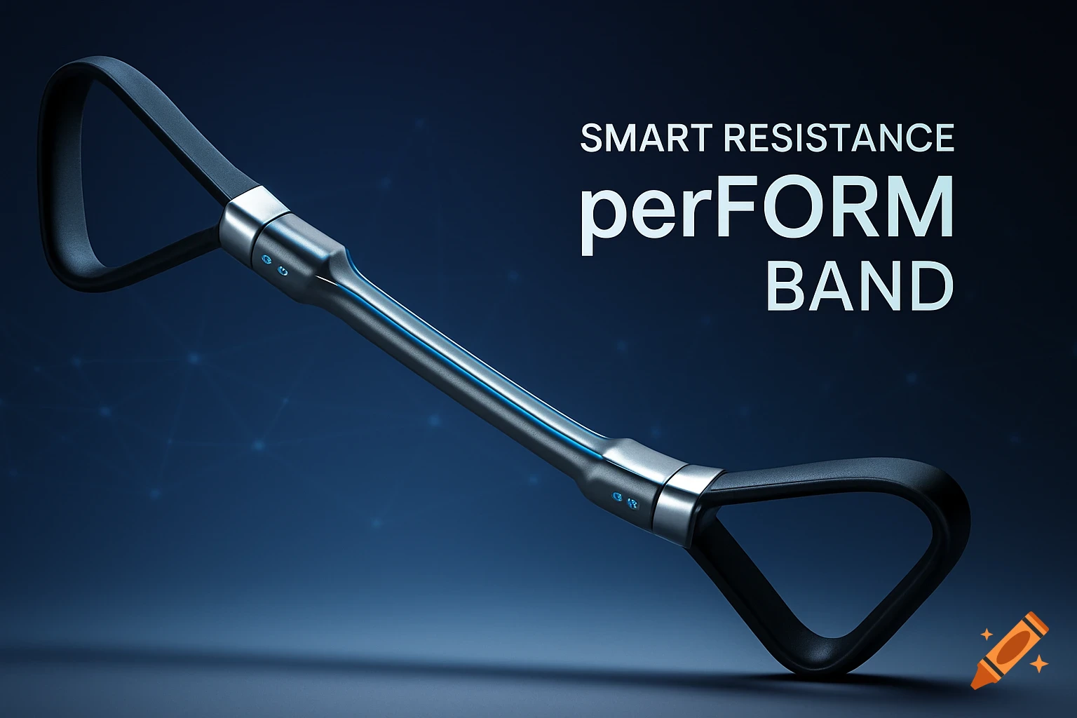 A sleek, black and metallic smart resistance band with glowing blue accents on a dark blue background with faint glowing network lines. Text reads "SMART RESISTANCE perFORM BAND" in white.