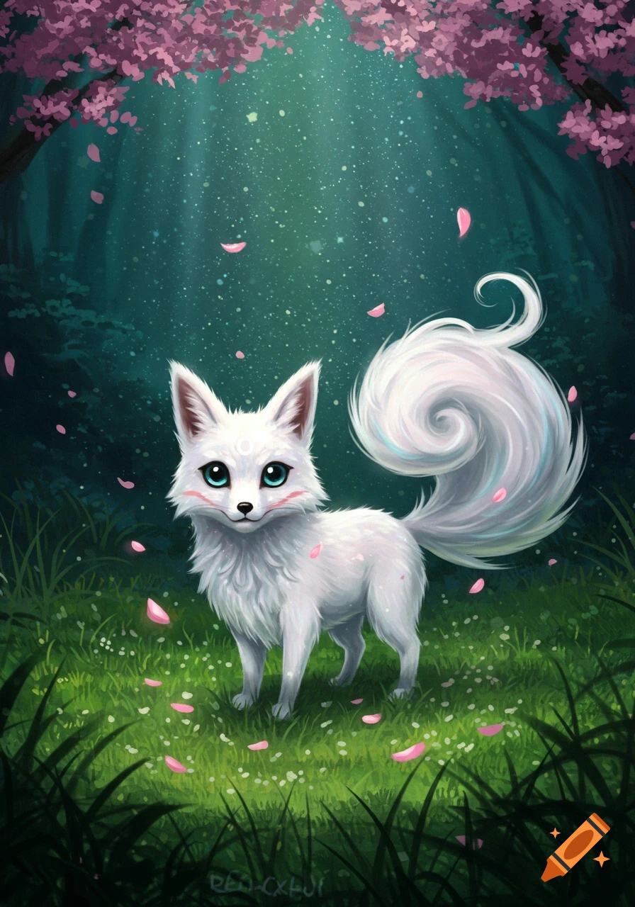 A super-cute white fox with a swirly tail and blue eyes stands in a mystical forest with pink cherry blossoms falling.