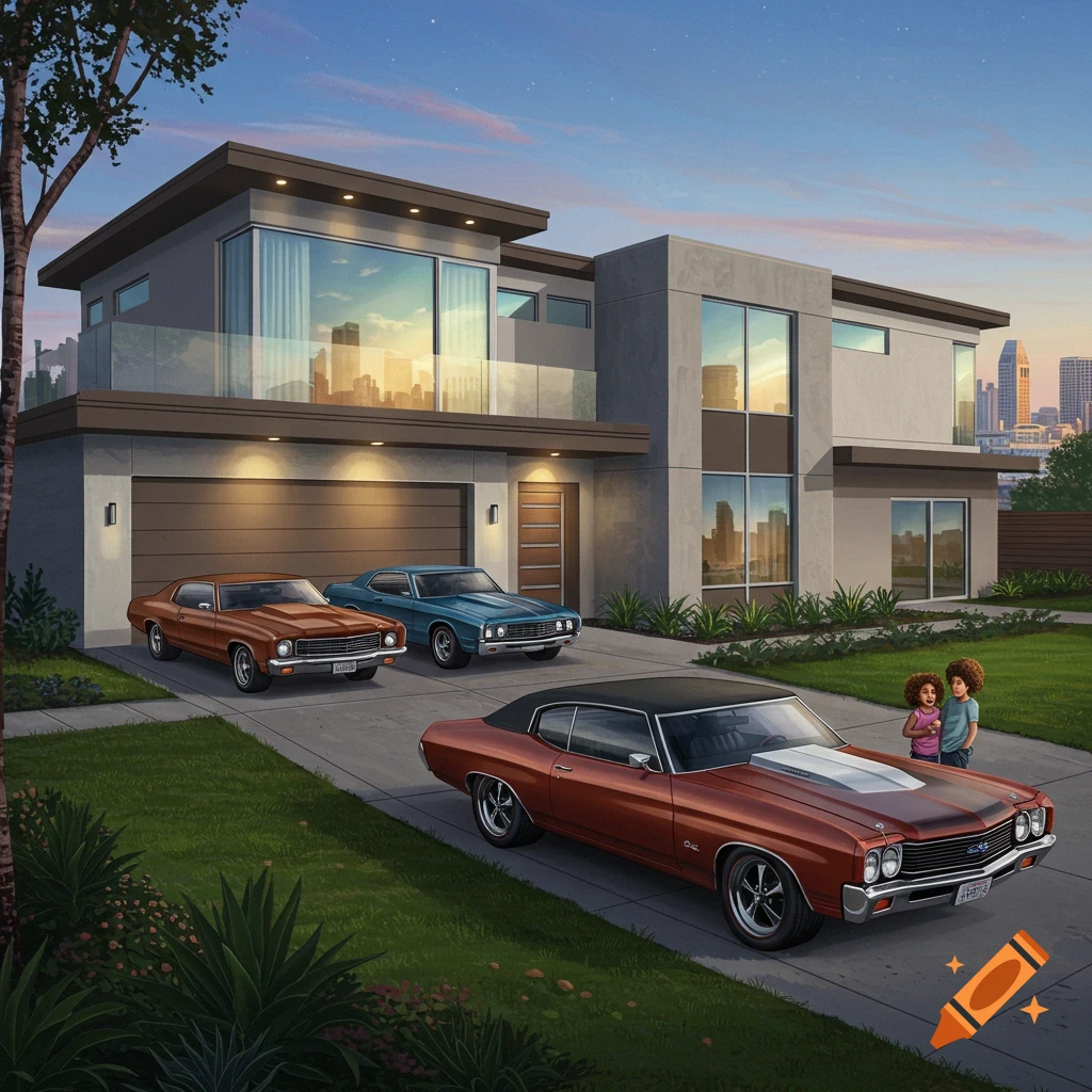 A modern house with three classic muscle cars in the driveway. Two small children stand near the largest car. The house has large windows reflecting a city skyline and sunset sky.