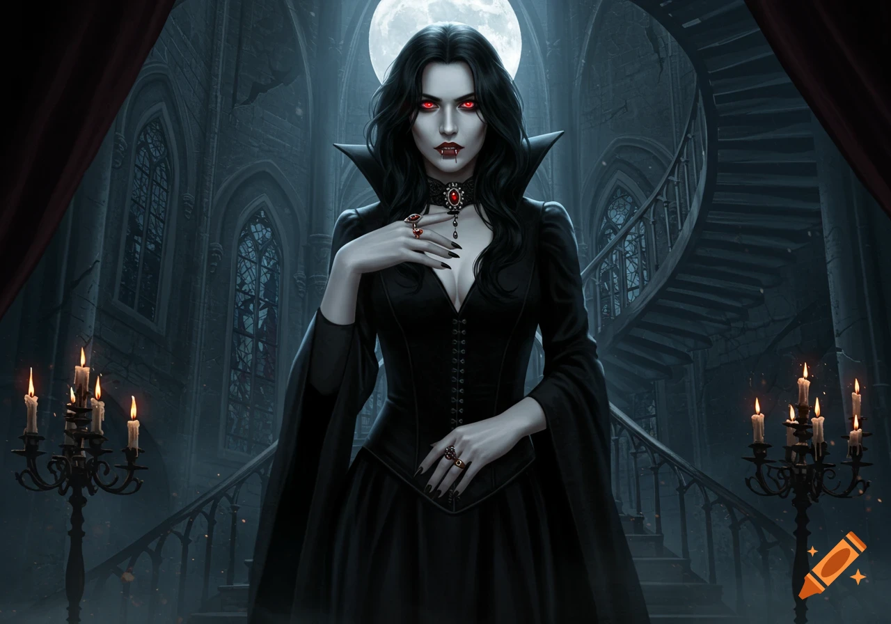 A pale female vampire with long black hair and red eyes, wearing a black dress, stands in a gothic castle under a full moon.