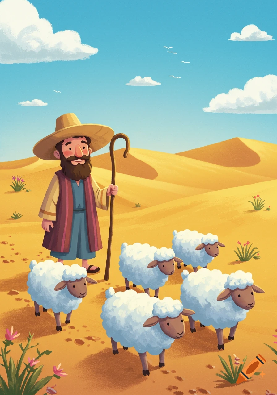 Cartoon illustration of a smiling shepherd with a staff leading a flock of white sheep through a sandy desert under a blue sky.