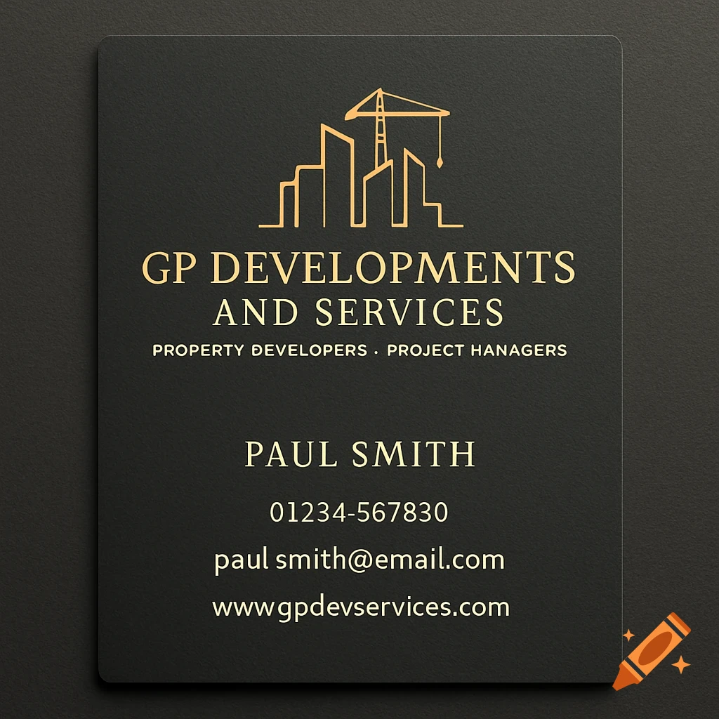 A black business card with gold text for "GP Developments and Services." It features a skyline and crane logo.