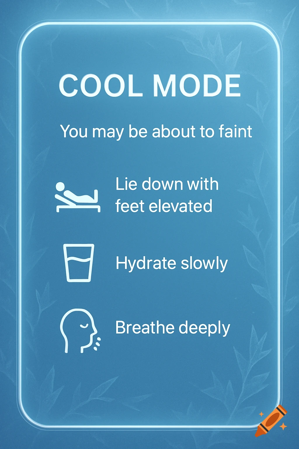 A blue infographic titled 'COOL MODE' providing steps for preventing fainting: lie down with feet elevated, hydrate slowly, and breathe deeply.