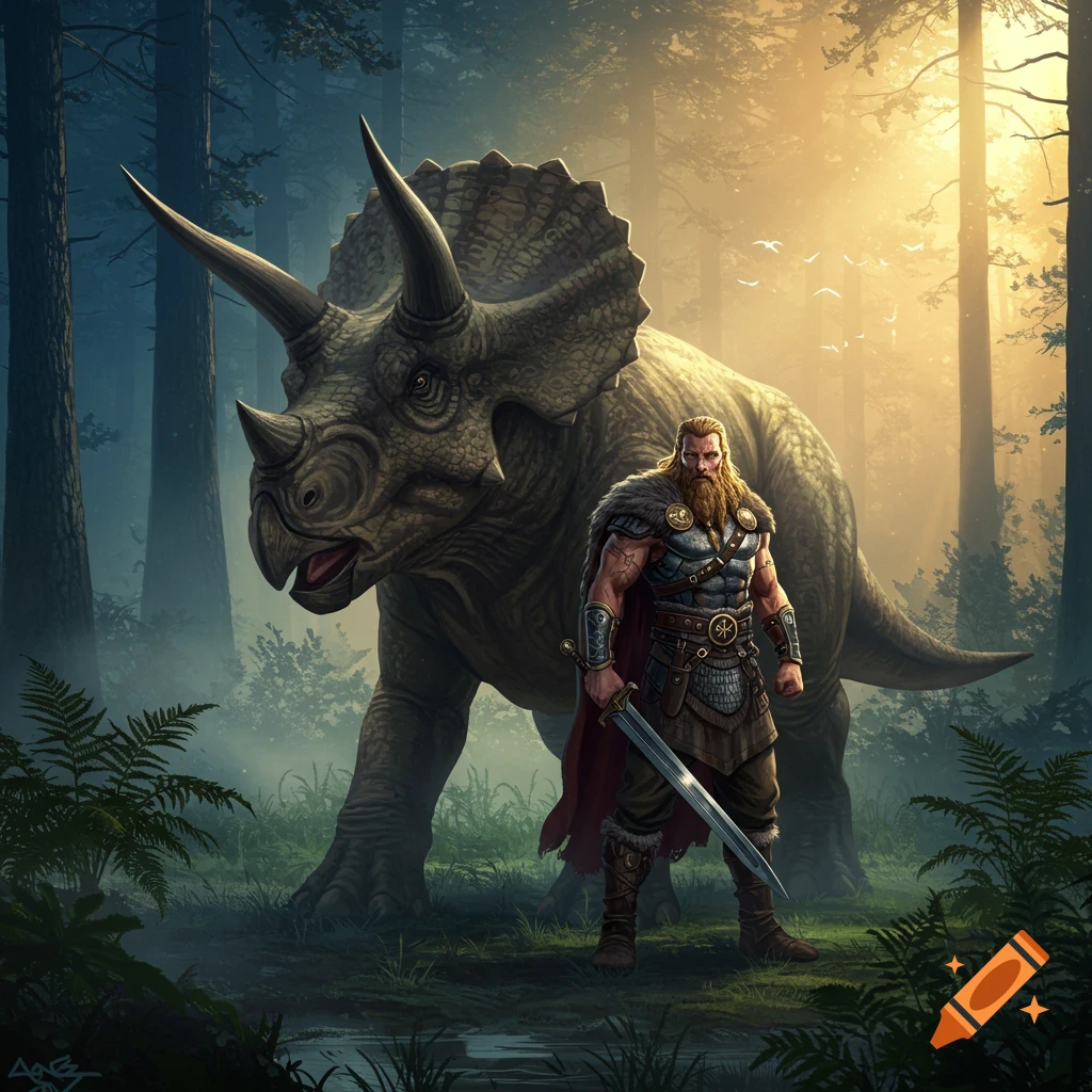 A bearded warrior in armor holds a sword, standing next to a large triceratops in a misty forest at sunrise.