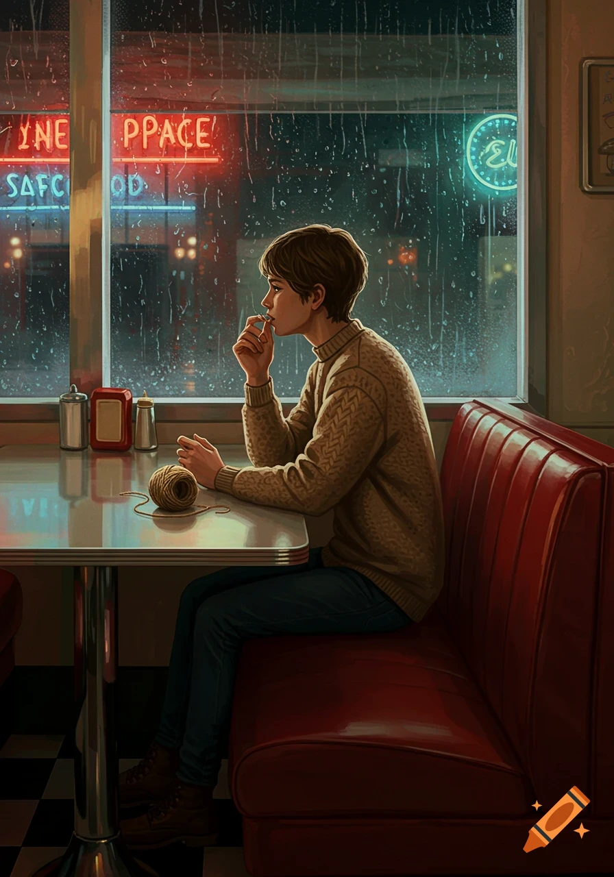 An illustrated person sits at a diner booth on a rainy night, looking out the window while holding a ball of yarn.