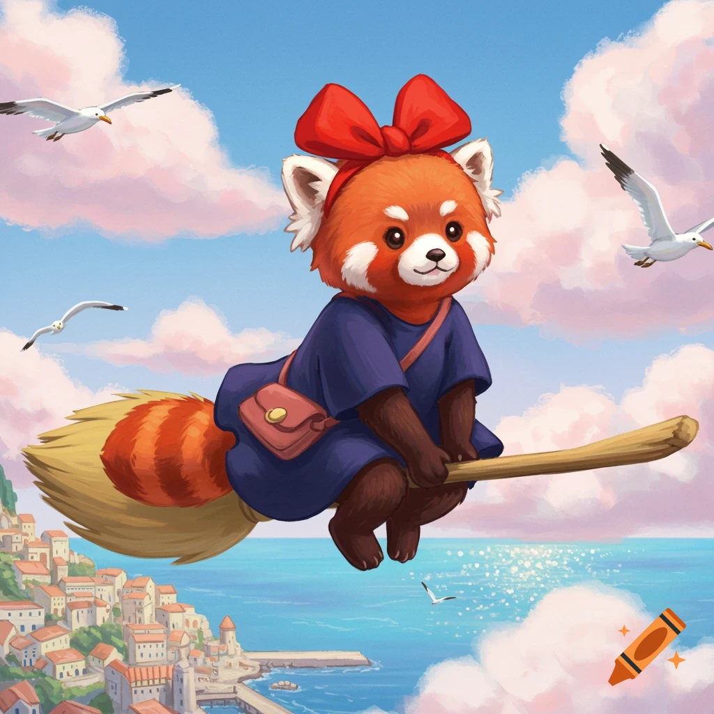 A cute red panda, dressed as Kiki with a red bow, flies on a broomstick over a vibrant seaside town and blue ocean.