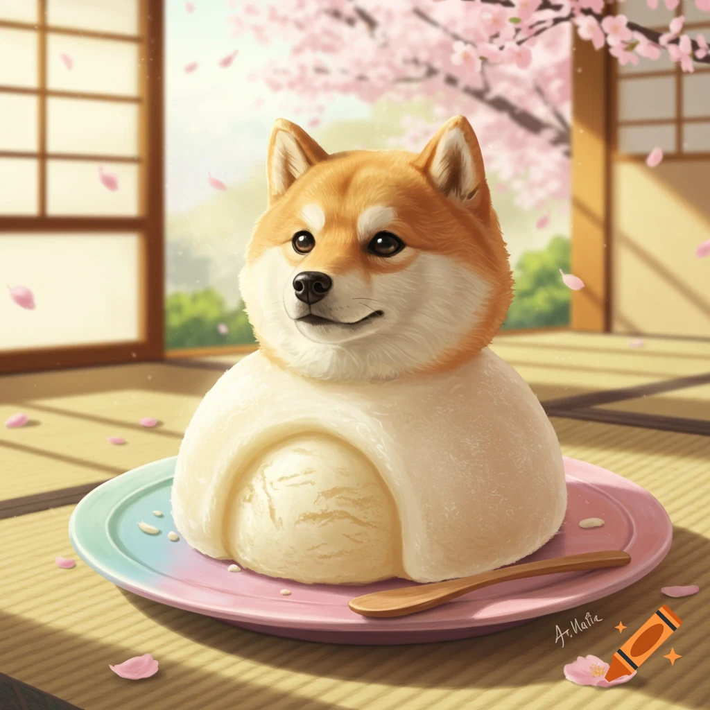 A cute Shiba Inu mochi ice cream dessert on a plate in a Japanese room with cherry blossoms.