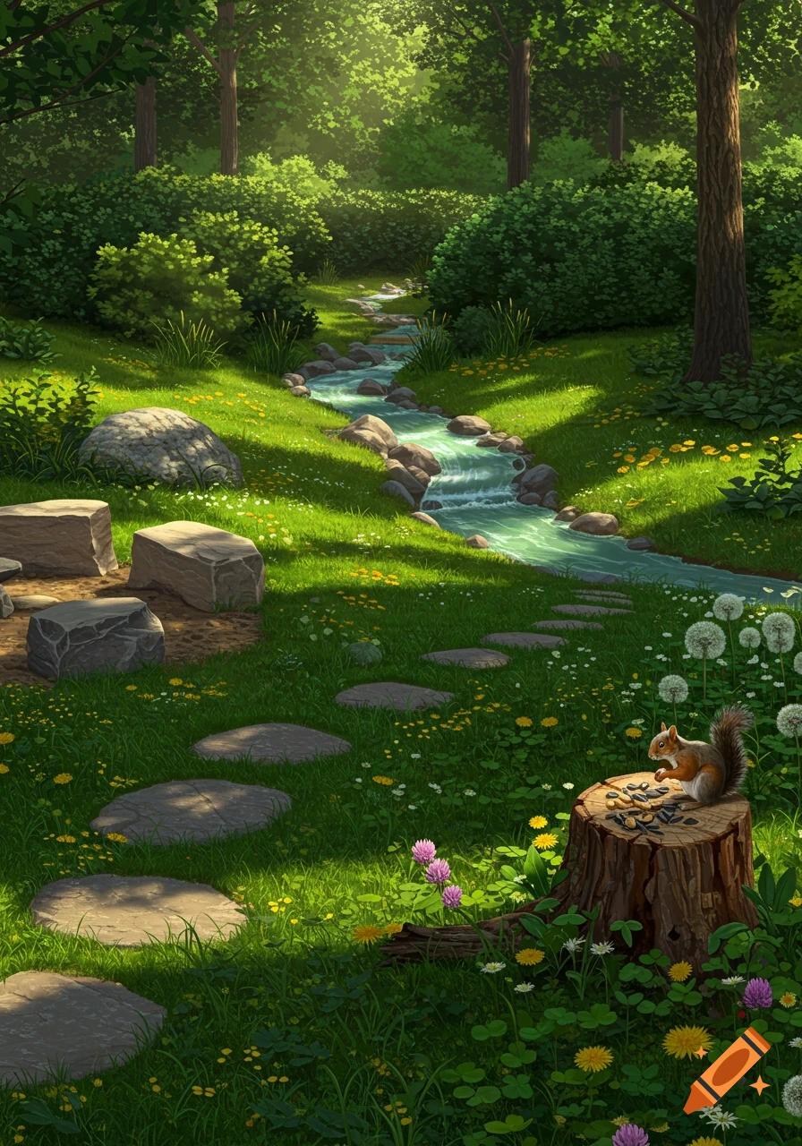 A sunlit forest scene with a winding stream, stepping stones, and a squirrel eating seeds on a tree stump.