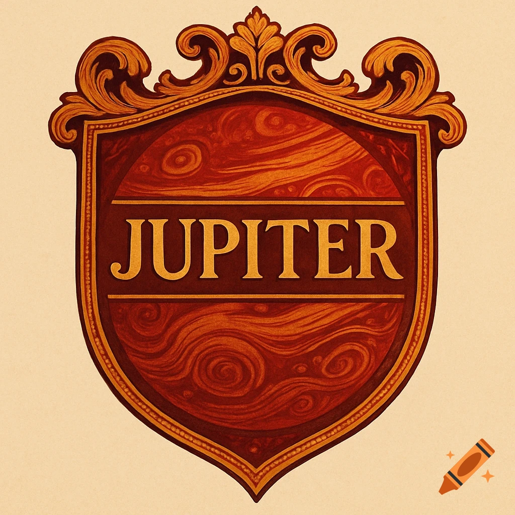 An ornate ruby red and orange emblem with gold borders, featuring wavy patterns and the word 'JUPITER' in gold text.