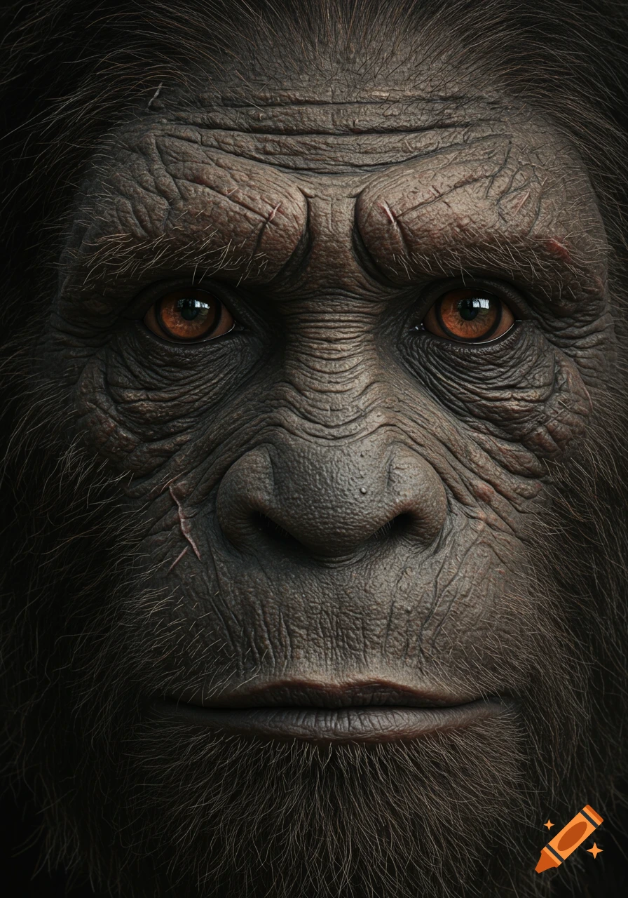 A photorealistic extreme close-up portrait of a Sasquatch face, showing detailed fur, wrinkles, and intelligent eyes.