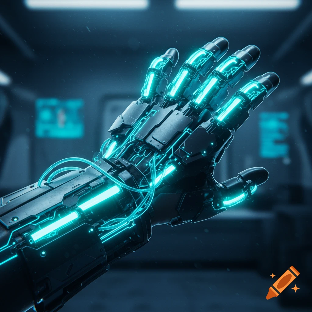 A detailed cybernetic hand with glowing blue energy and wires, set against a dark sci-fi background.