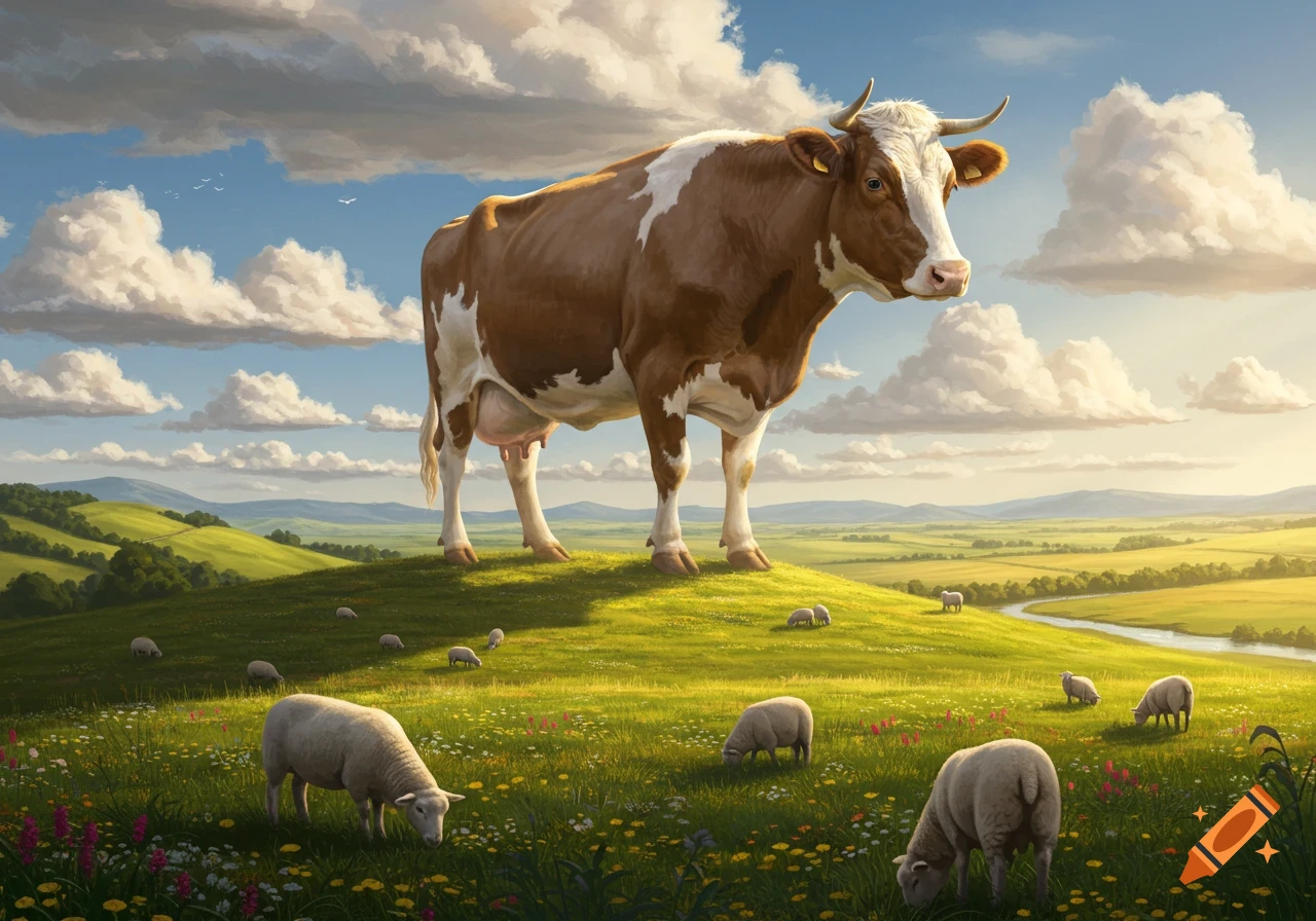 A gigantic brown and white cow stands on a green hill surrounded by grazing sheep under a bright sky with fluffy clouds.