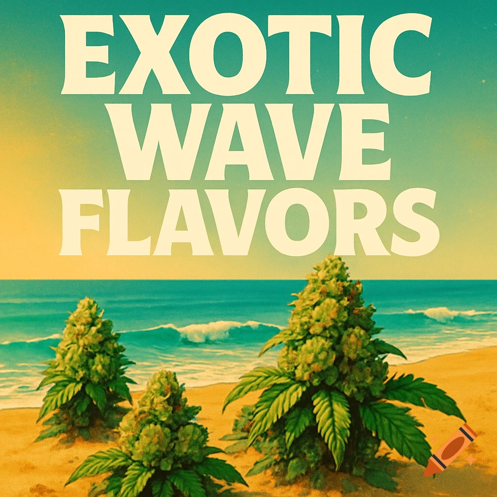 Cannabis plants on a beach with the text 'EXOTIC WAVE FLAVORS' against a colorful sky.