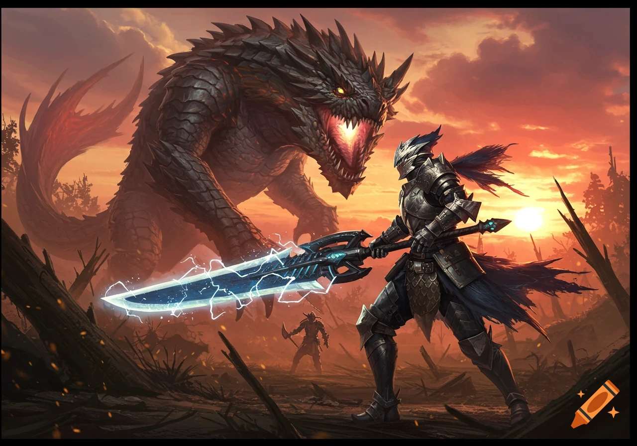 A knight in shining armor with a glowing blue sword confronts a massive dark dragon with glowing red eyes at sunset in a desolate, broken landscape.