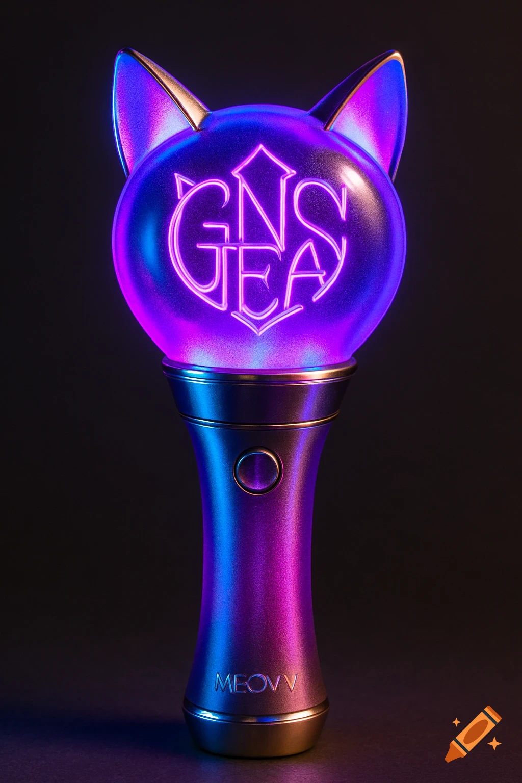 A glowing purple and blue cat-eared lightstick with 'GNSEA' written on the sphere and 'MEOVV' on the handle, against a dark background.
