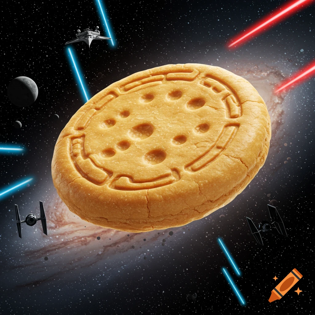 A large golden cookie with a detailed, circular pattern resembling a spaceship flies through deep space, with laser beams and small sci-fi ships around it.